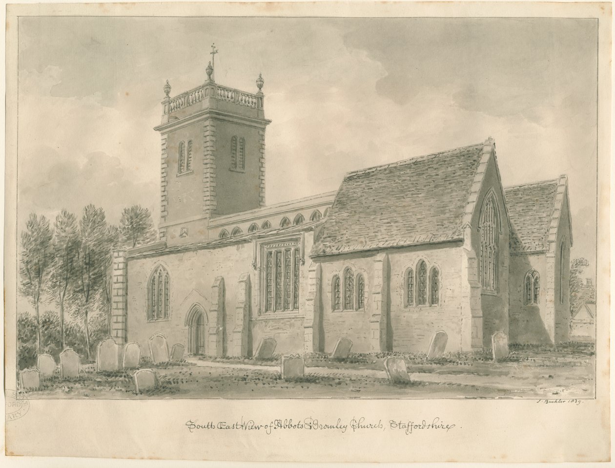 Abbots Bromley Church: sepia tegning af John Buckler