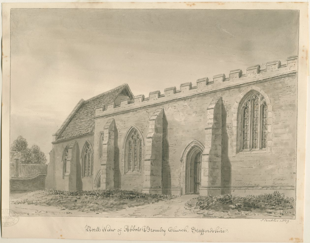 Abbots Bromley Church: sepia tegning af John Buckler