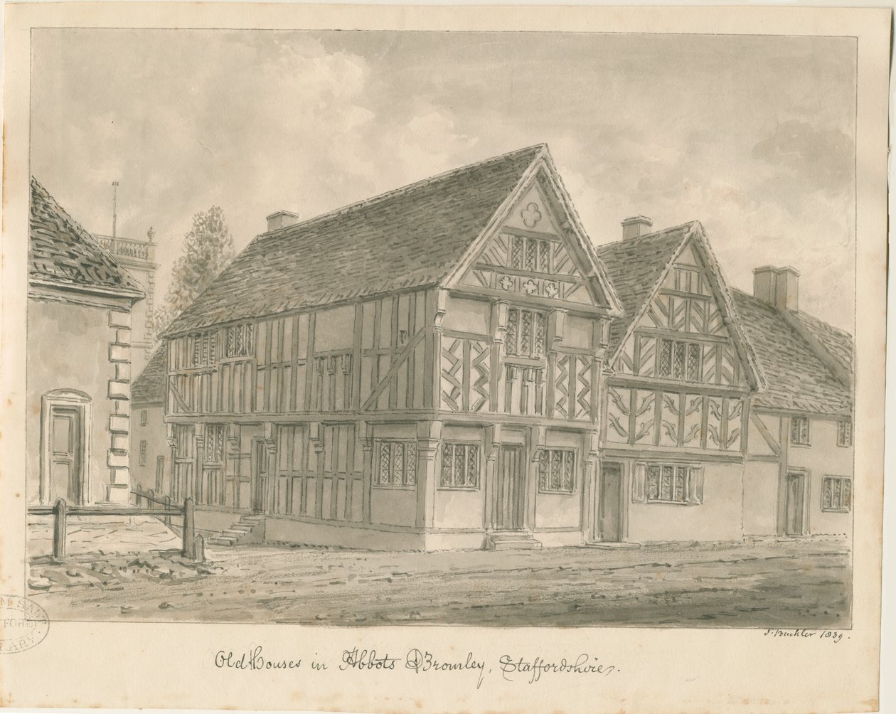 Abbots Bromley Old Houses: sepia drawing, 1839dani af John Buckler