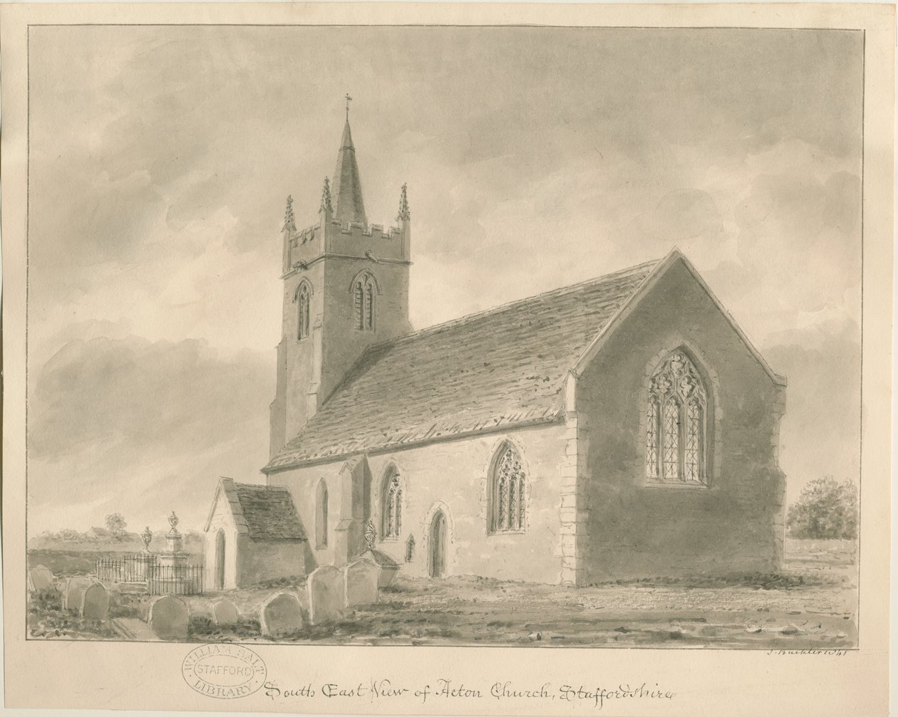 Acton Trussell Church: sepia-tegning, 1841 af John Buckler