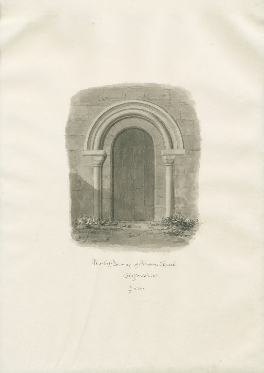 Alrewas Kirke - Norddøråbning: sepia tegning af John Buckler