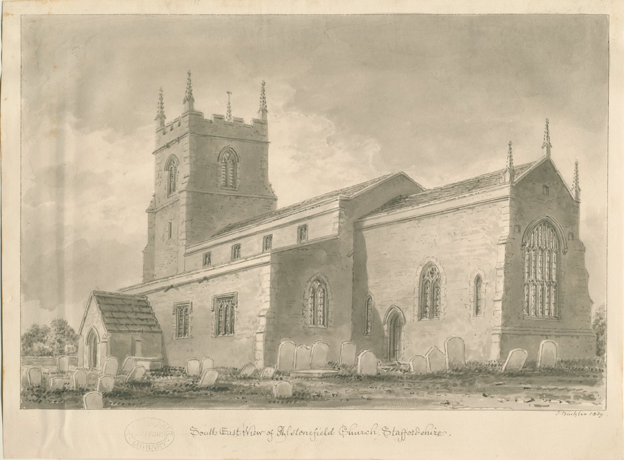Alstonefield Church: sepia drawing, 1839 dani af John Buckler