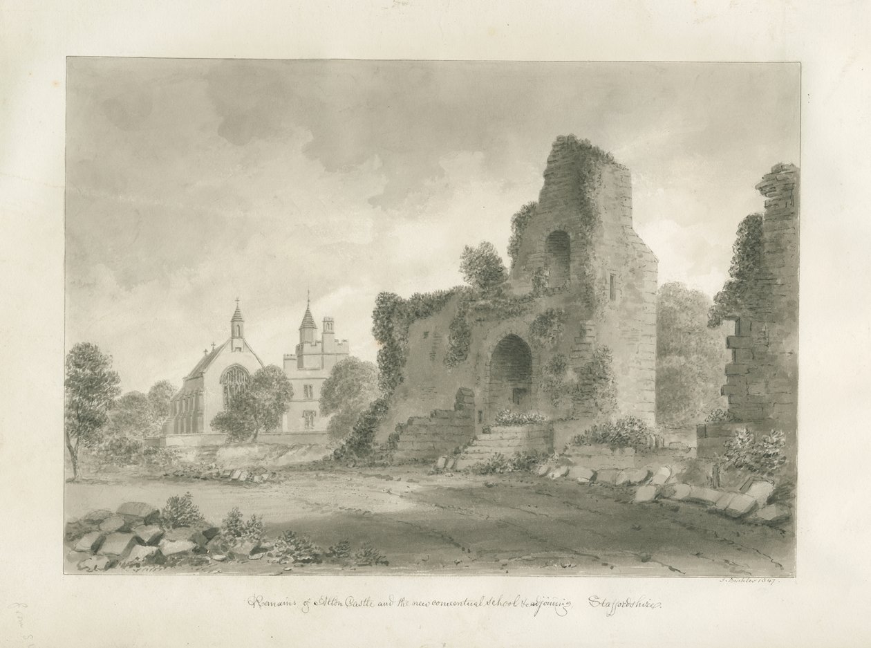 Alton Castle og "New Conventual School": sepia-tegning, 1847 af John Buckler