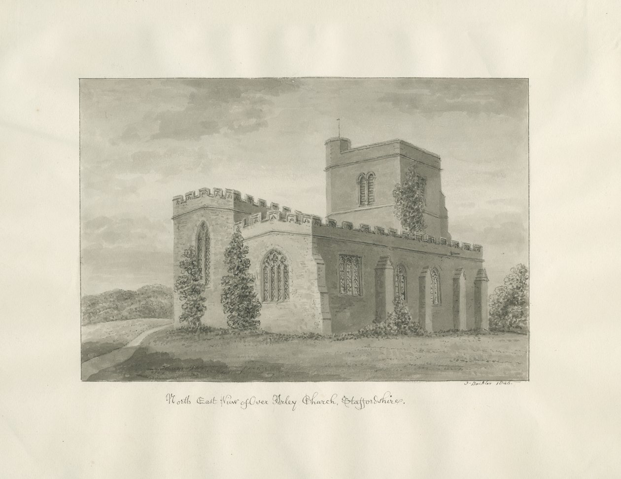 Arley Church: sepia drawing, 1846dani af John Buckler