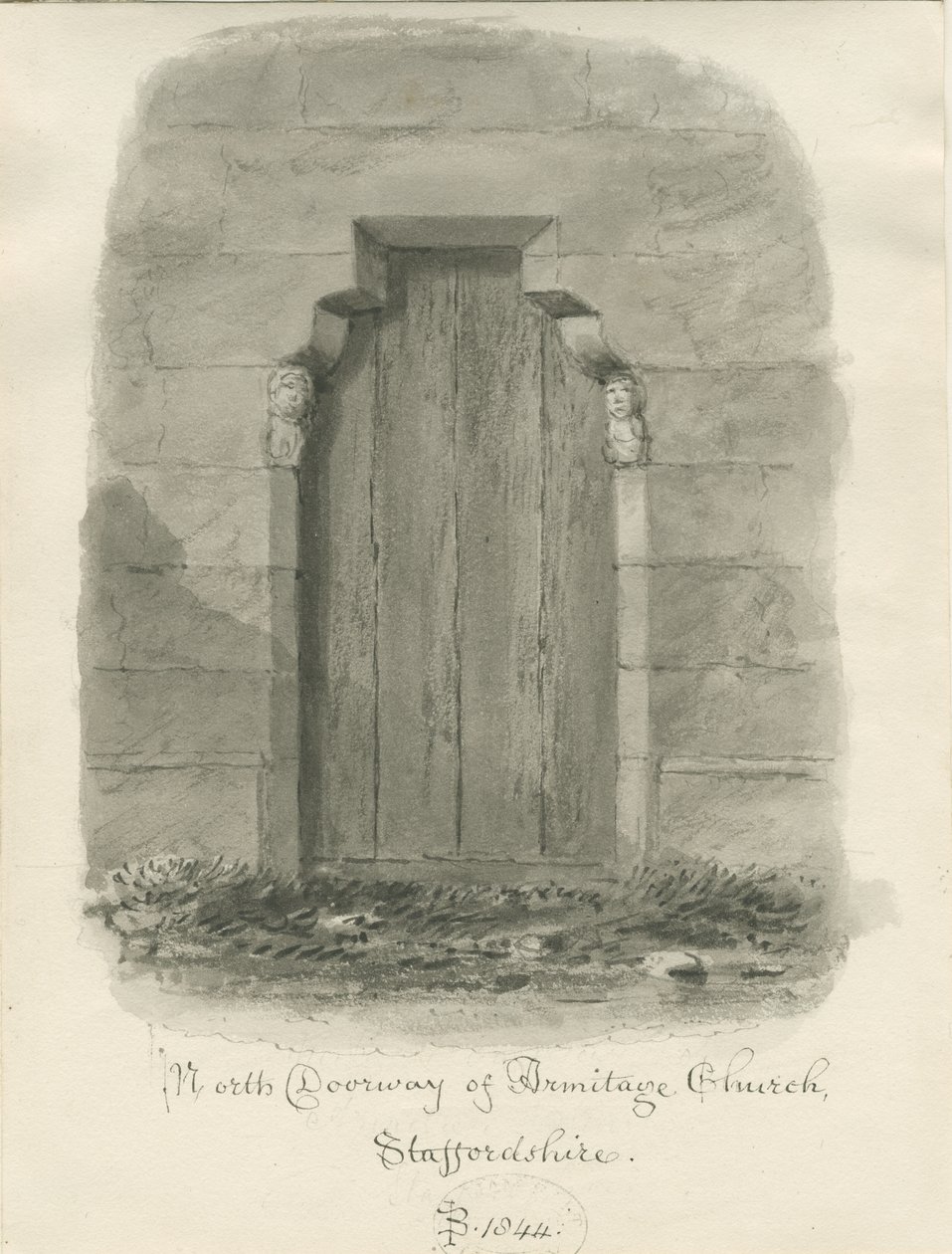 Armitage Church - North Doorway: sepia tegning af John Buckler