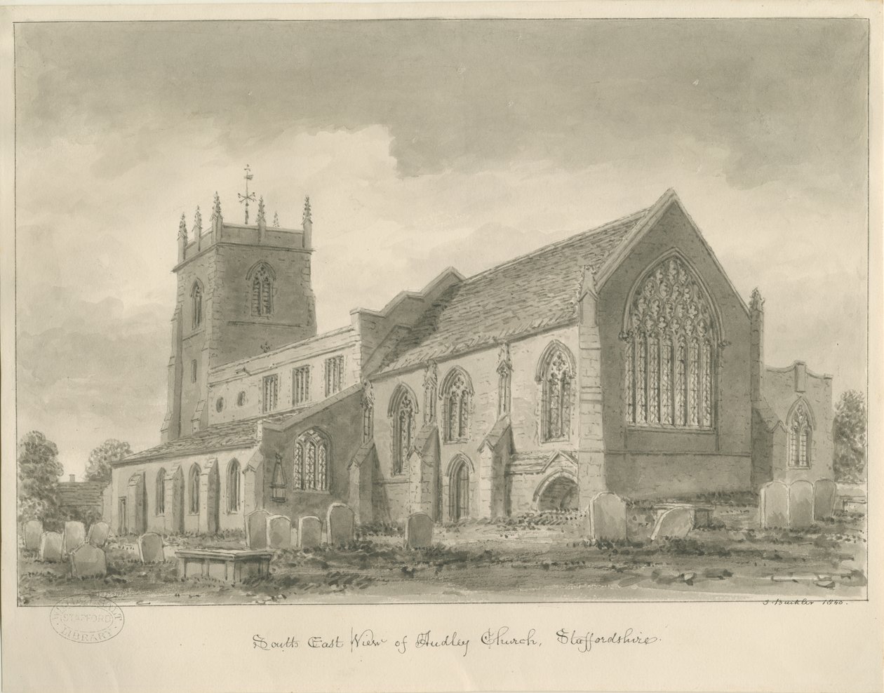 Audley Church: sepia drawing, 1840dani af John Buckler