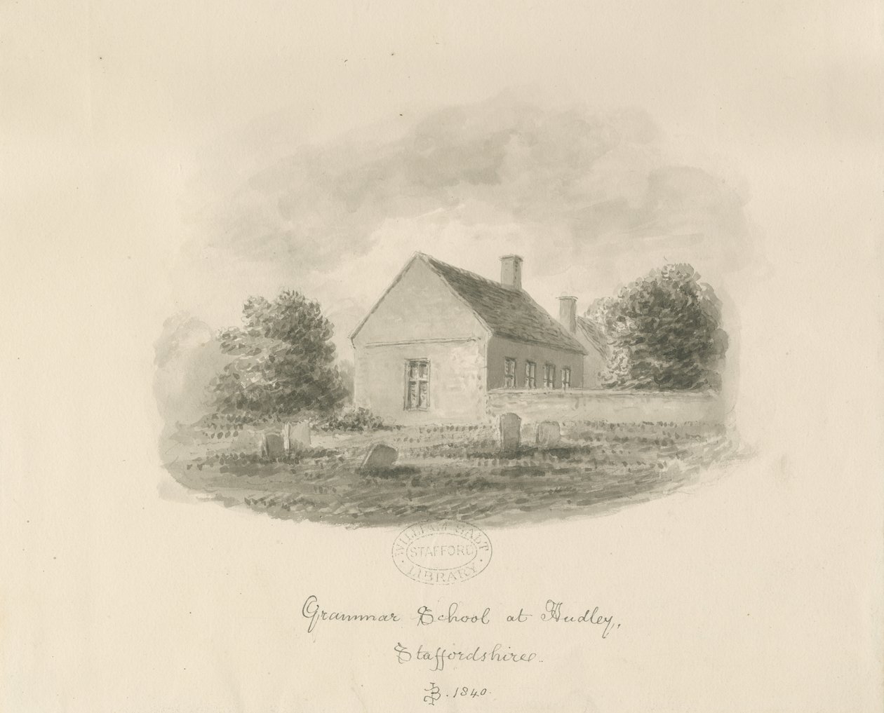 Audley Grammar School: sepia tegning af John Buckler