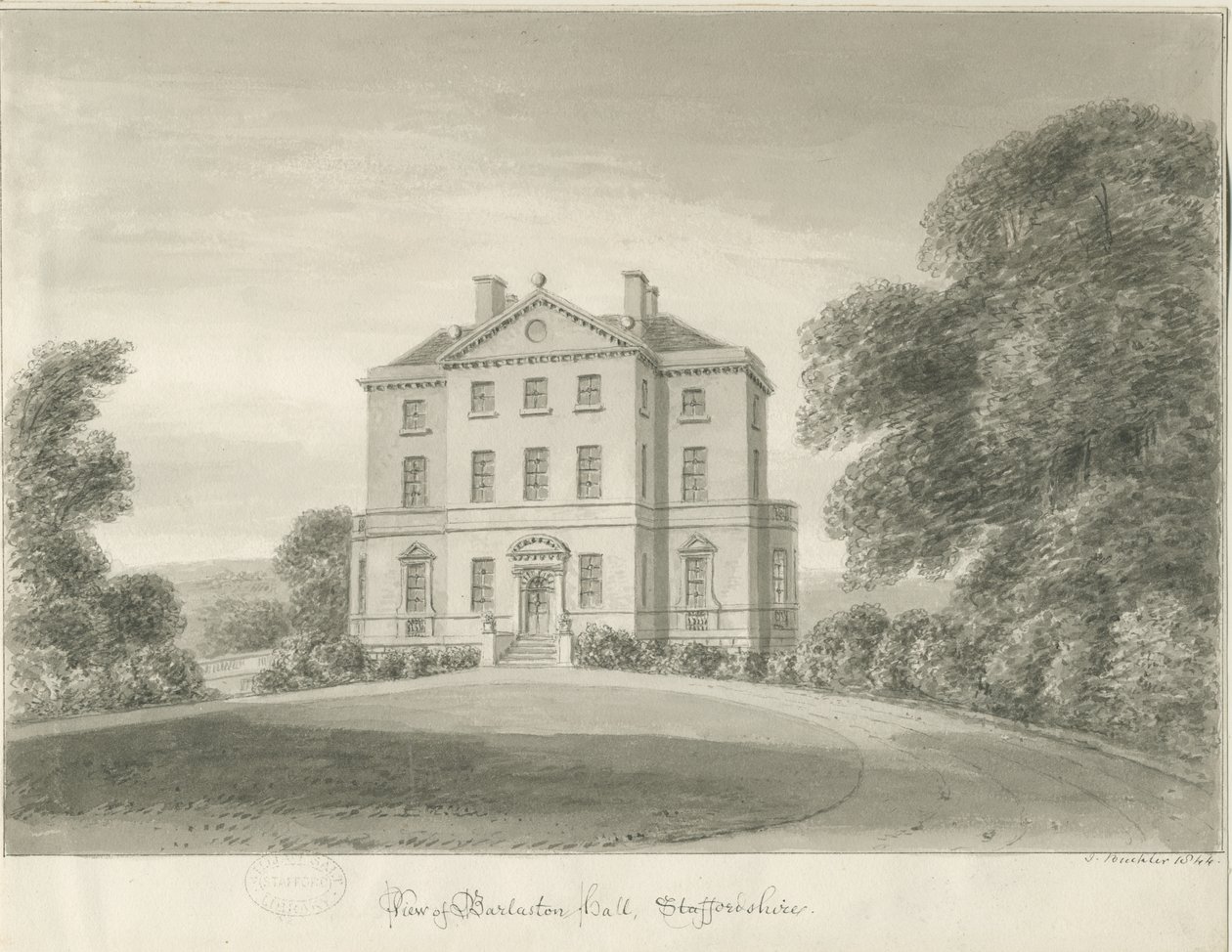 Barlaston Hall: sepia tegning af John Buckler