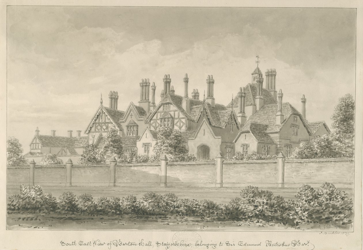 Barton under Needwood - "Barton Hall": sepia-tegning, 1839 af John Buckler