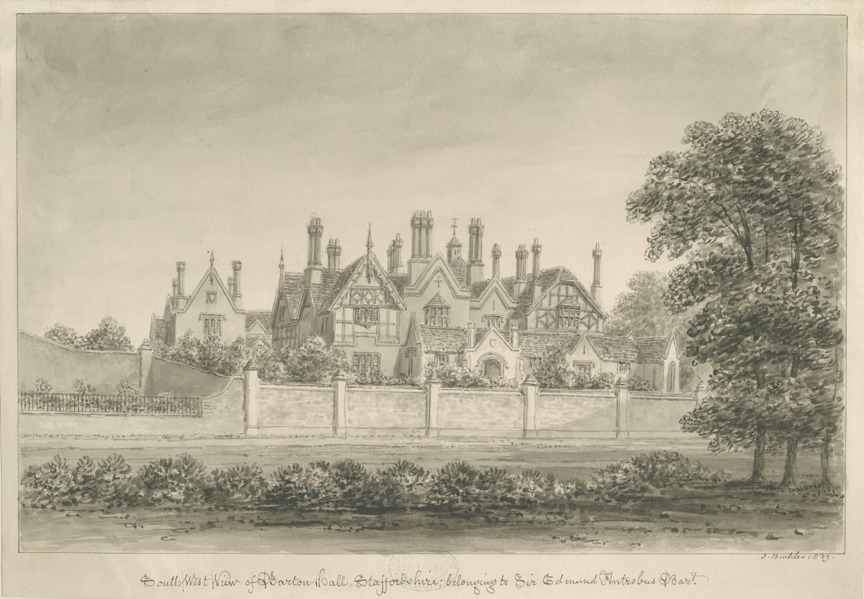 Barton under Needwood - "Barton Hall": sepia drawing, 1839dani af John Buckler