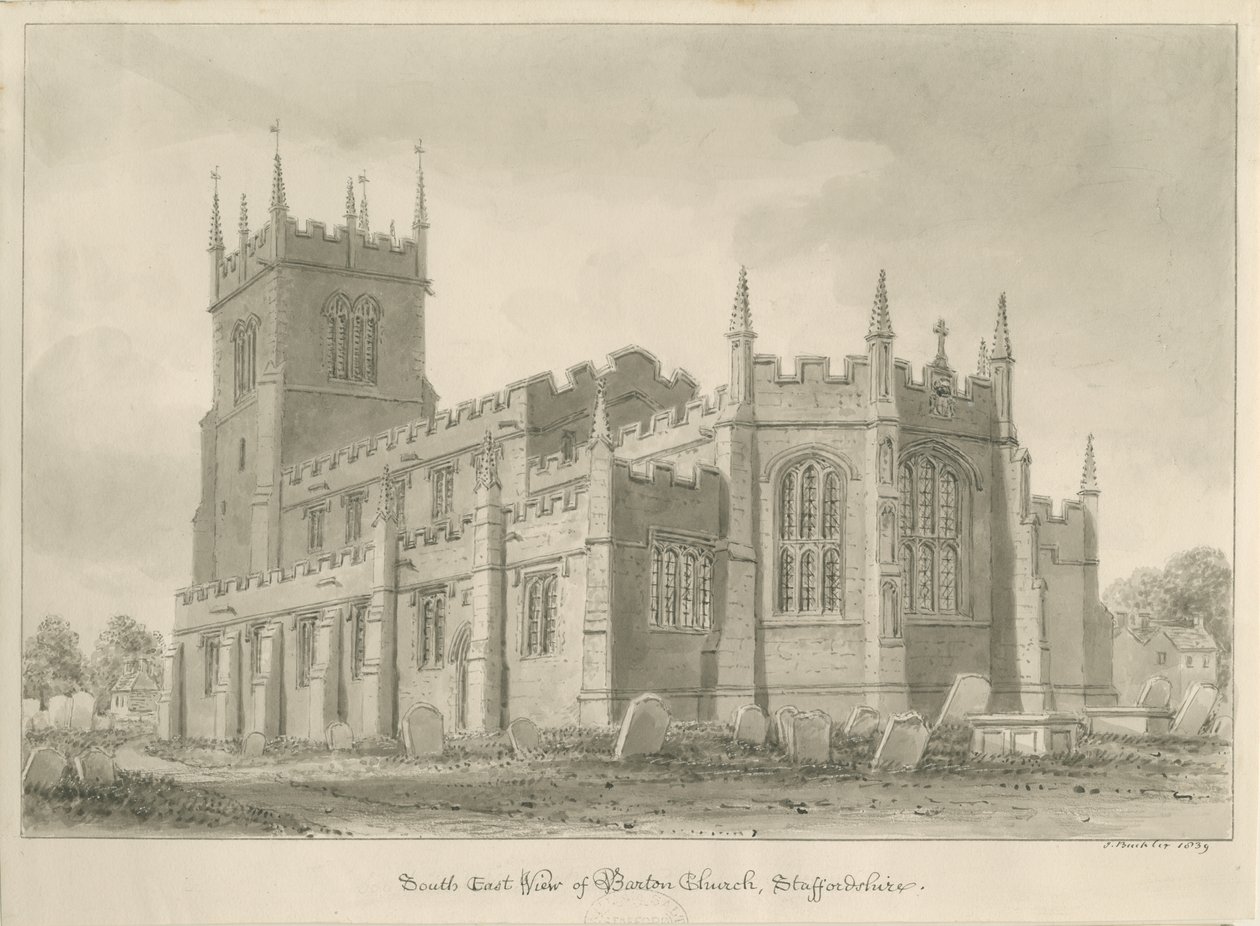 Barton under Needwood Church: sepia tegning af John Buckler