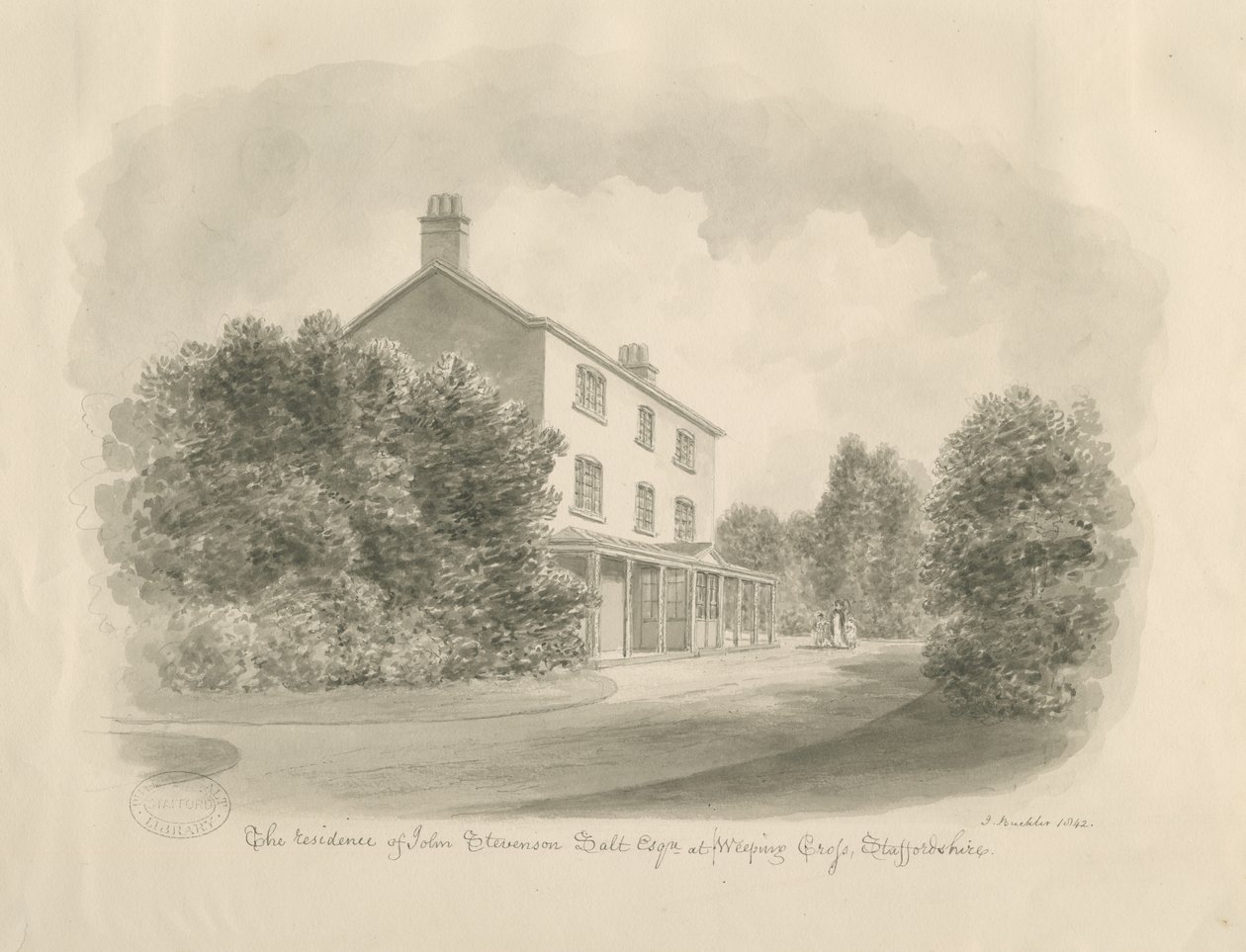 Baswich Village - house of John Stevenson Salt, Esq. : sepia drawing, 1842dani af John Buckler