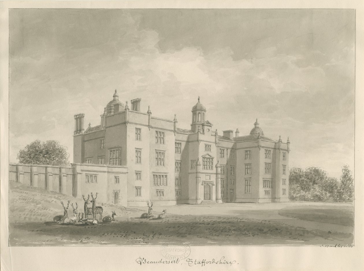 Beaudesert Hall og Park: sepia tegning af John Buckler