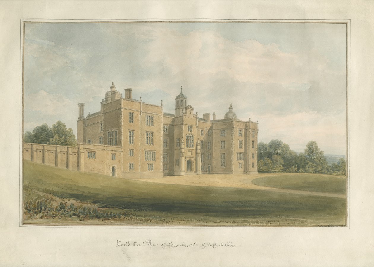 Beaudesert Hall and Park: vandfarvemaleri, 1824 af John Buckler