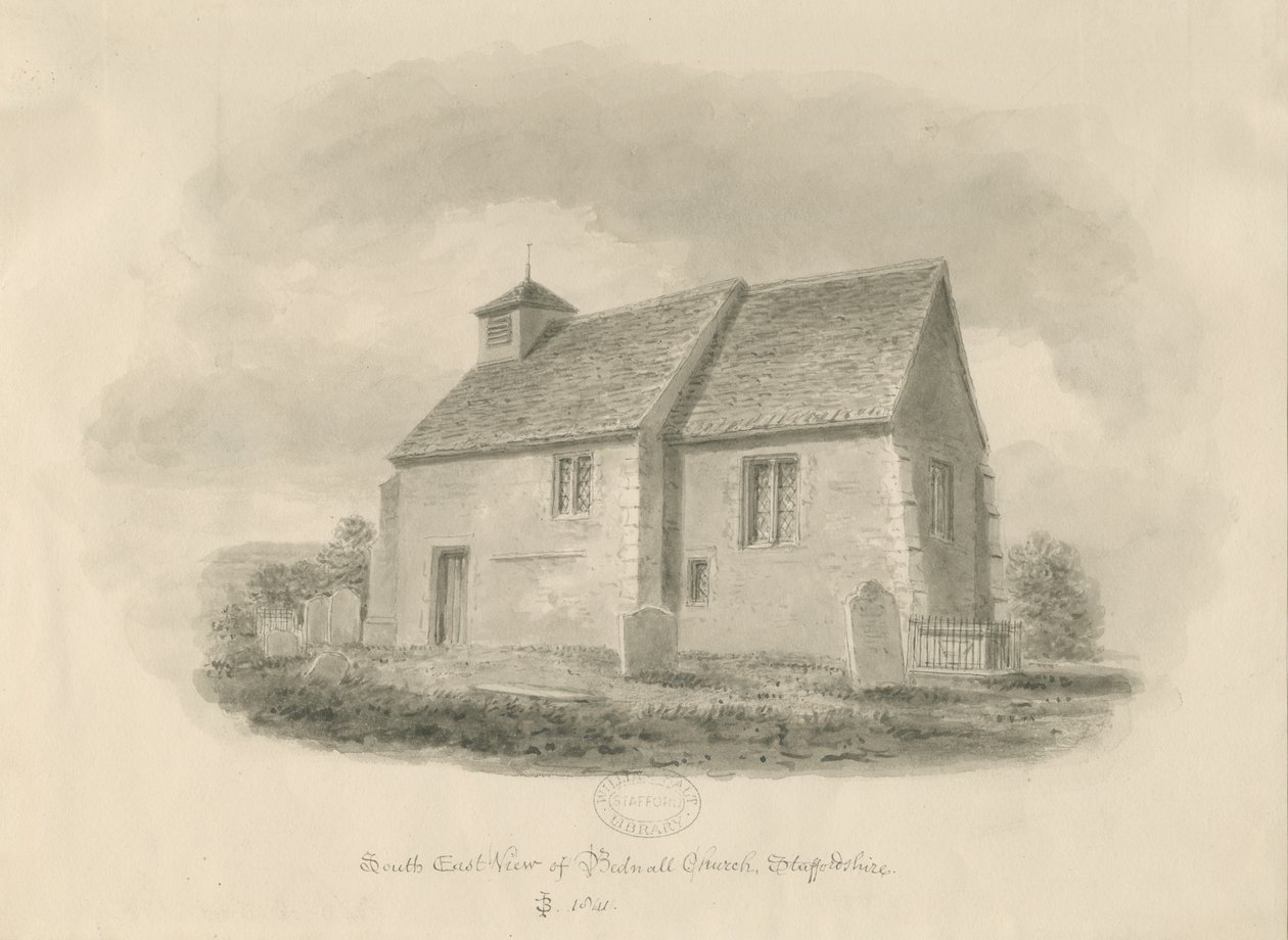 Bednall Church: sepia drawing, 1841dani af John Buckler