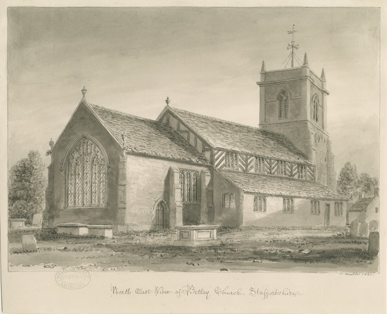 Betley Church: sepia tegning, 1840 af John Buckler