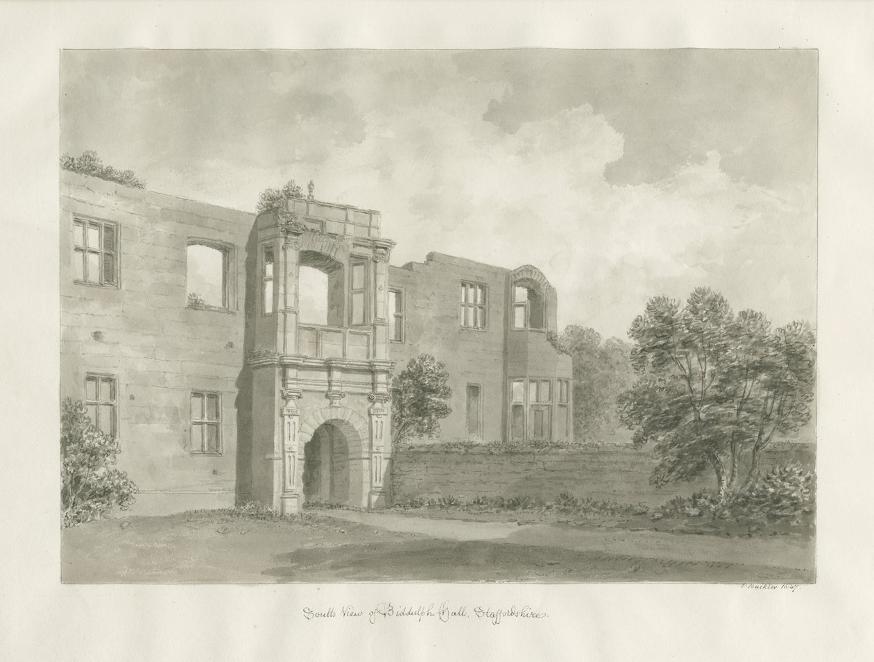 Biddulph Hall (gammel): sepia tegning af John Buckler