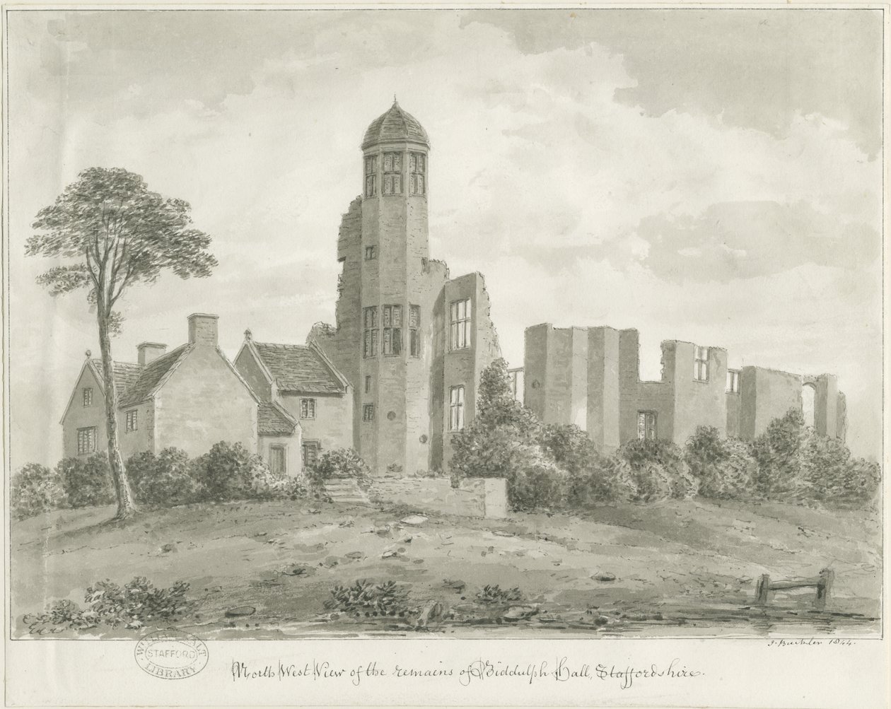 Biddulph Hall (gammel): sepia tegning af John Buckler