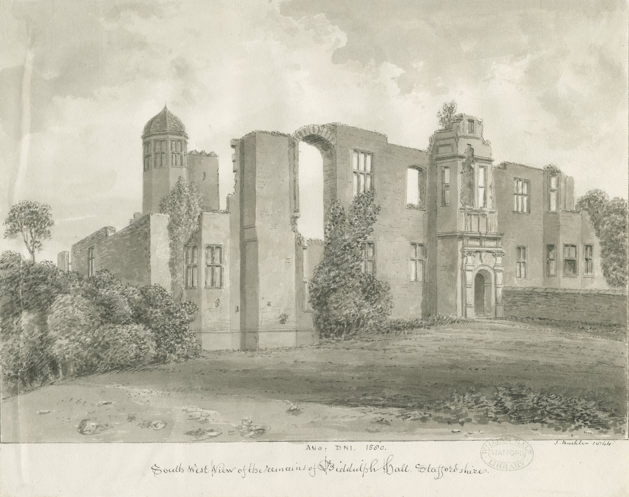 Biddulph Hall (gammel): sepia tegning af John Buckler