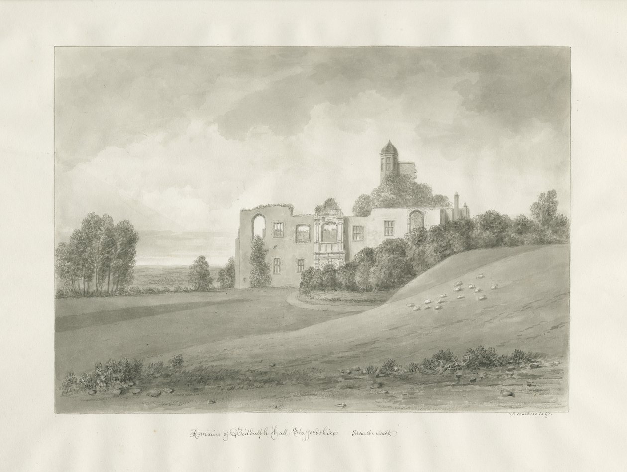 Biddulph Hall (gammel): sepia tegning af John Buckler