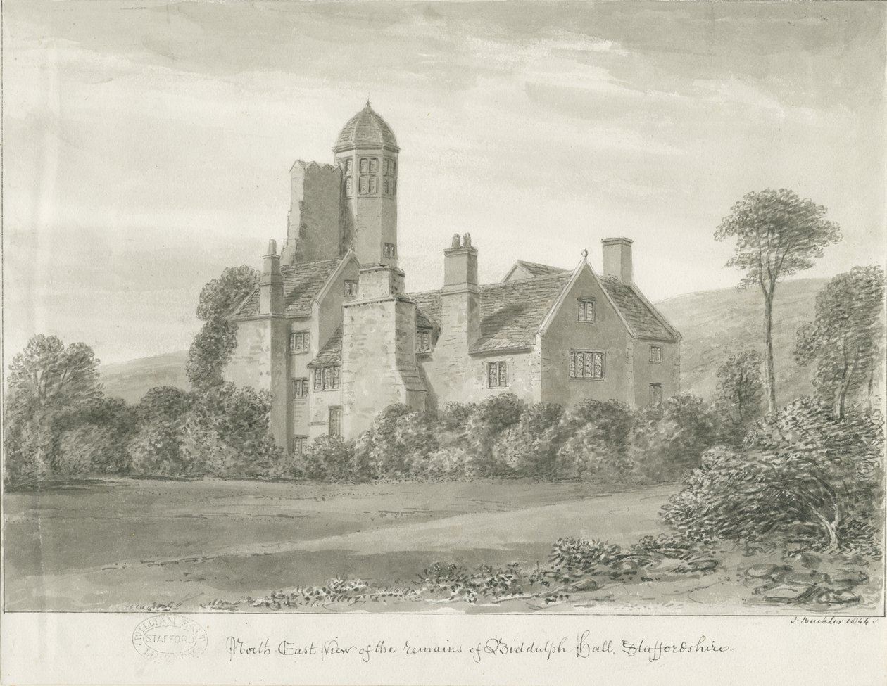 Biddulph Hall (gammel): sepia tegning af John Buckler