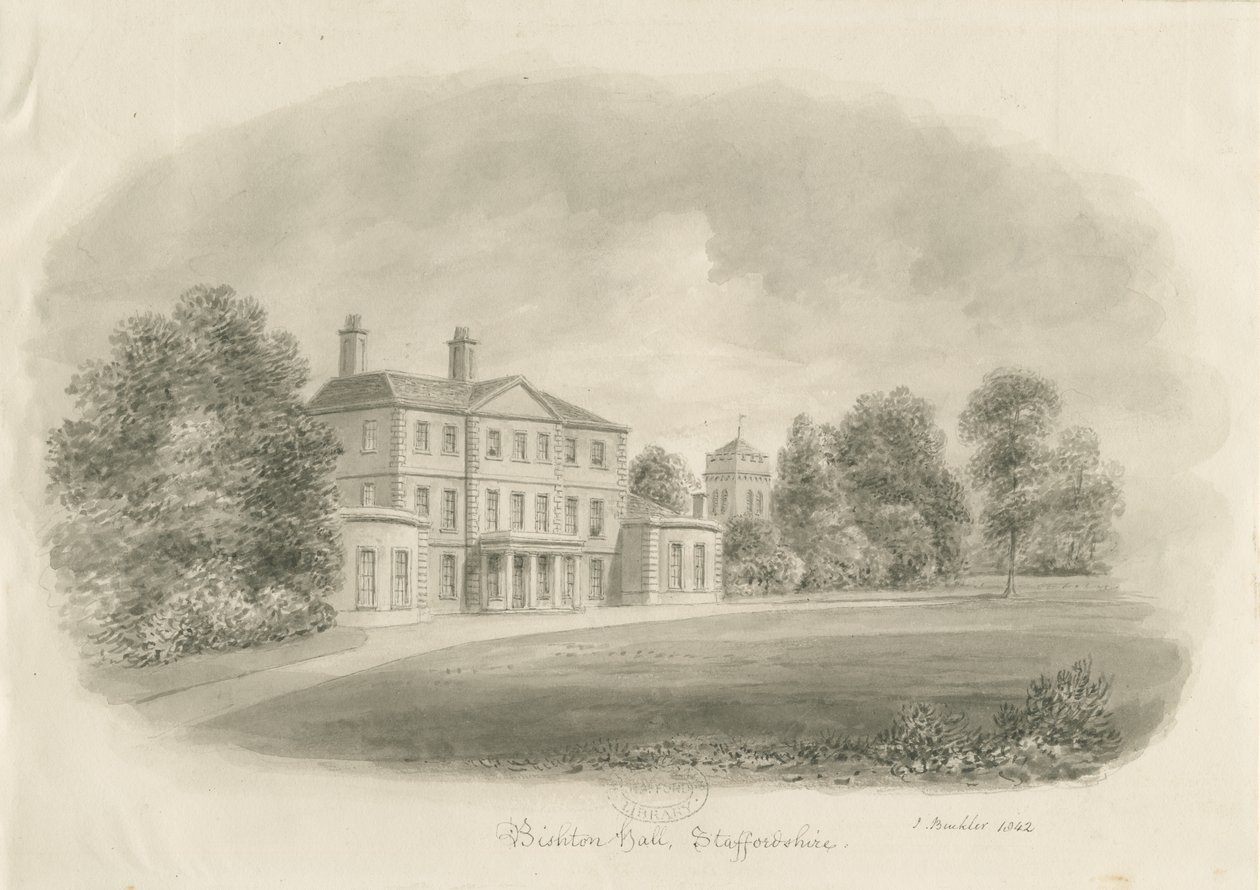 Bishton Hall: sepia tegning af John Buckler