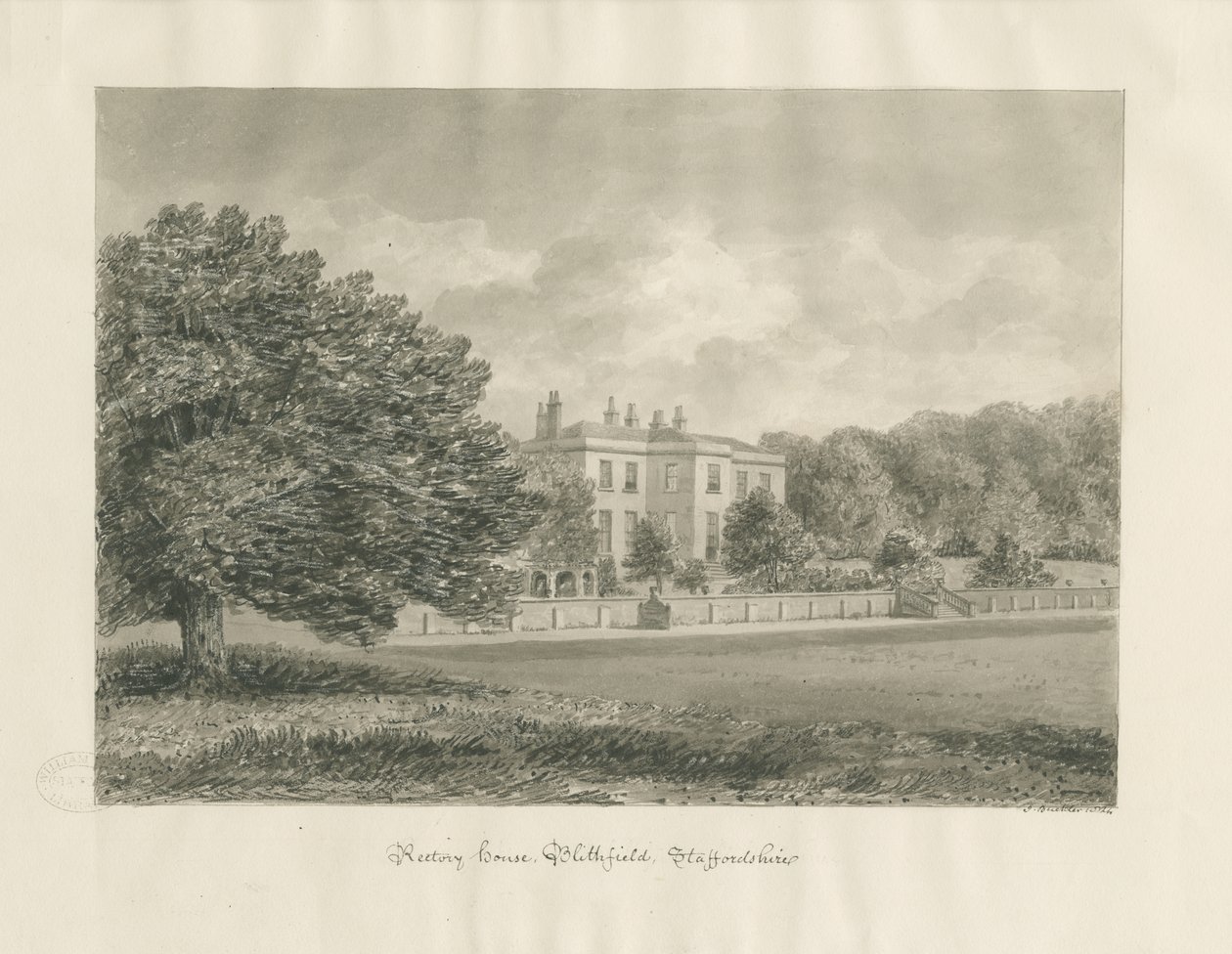 Blithfield - Præstegård: sepia tegning af John Buckler