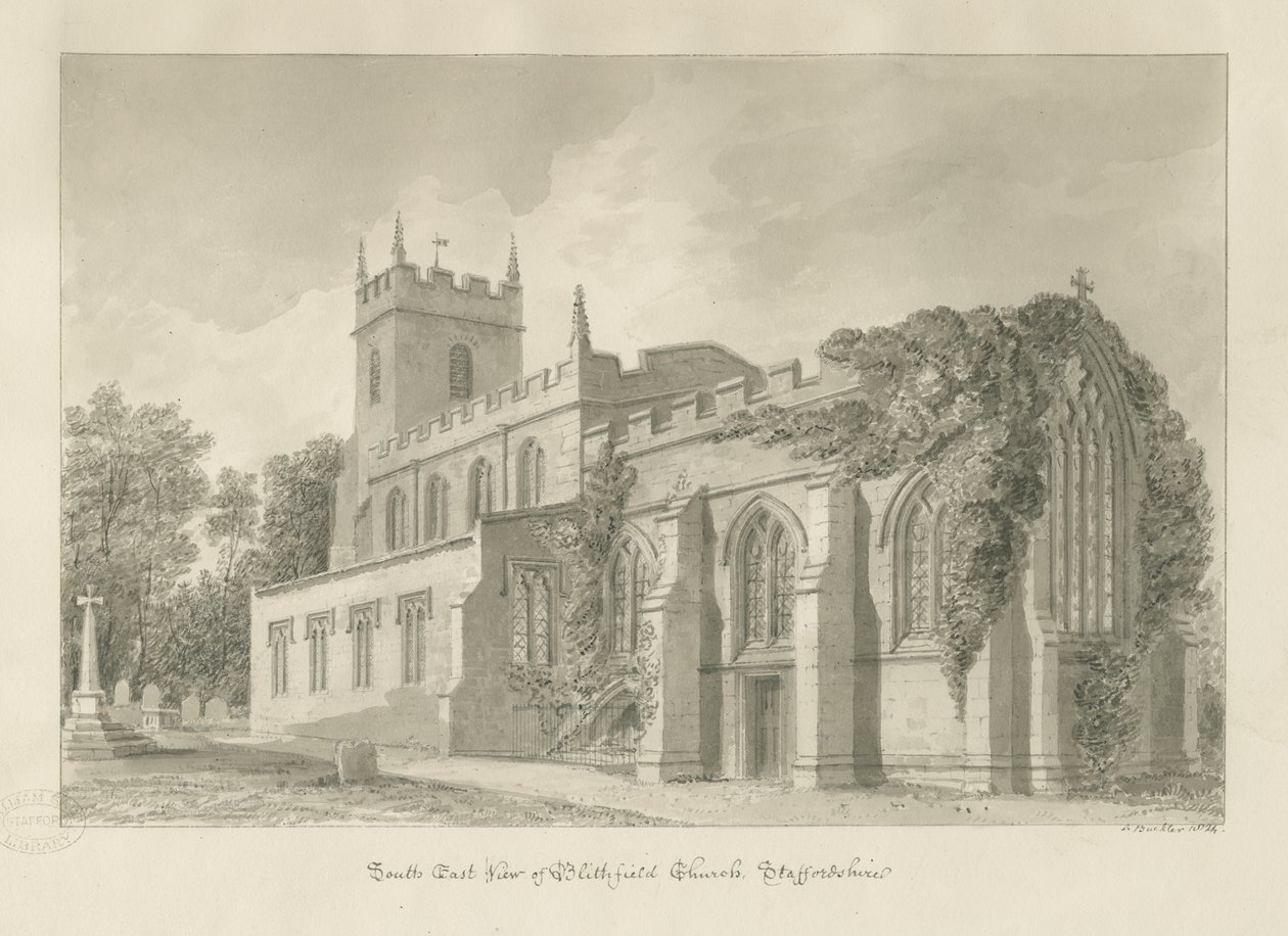 Blithfield Church: sepia tegning af John Buckler