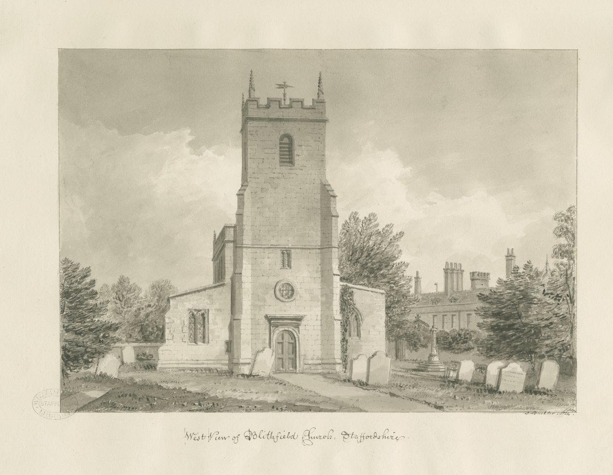 Blithfield Church: sepia tegning af John Buckler