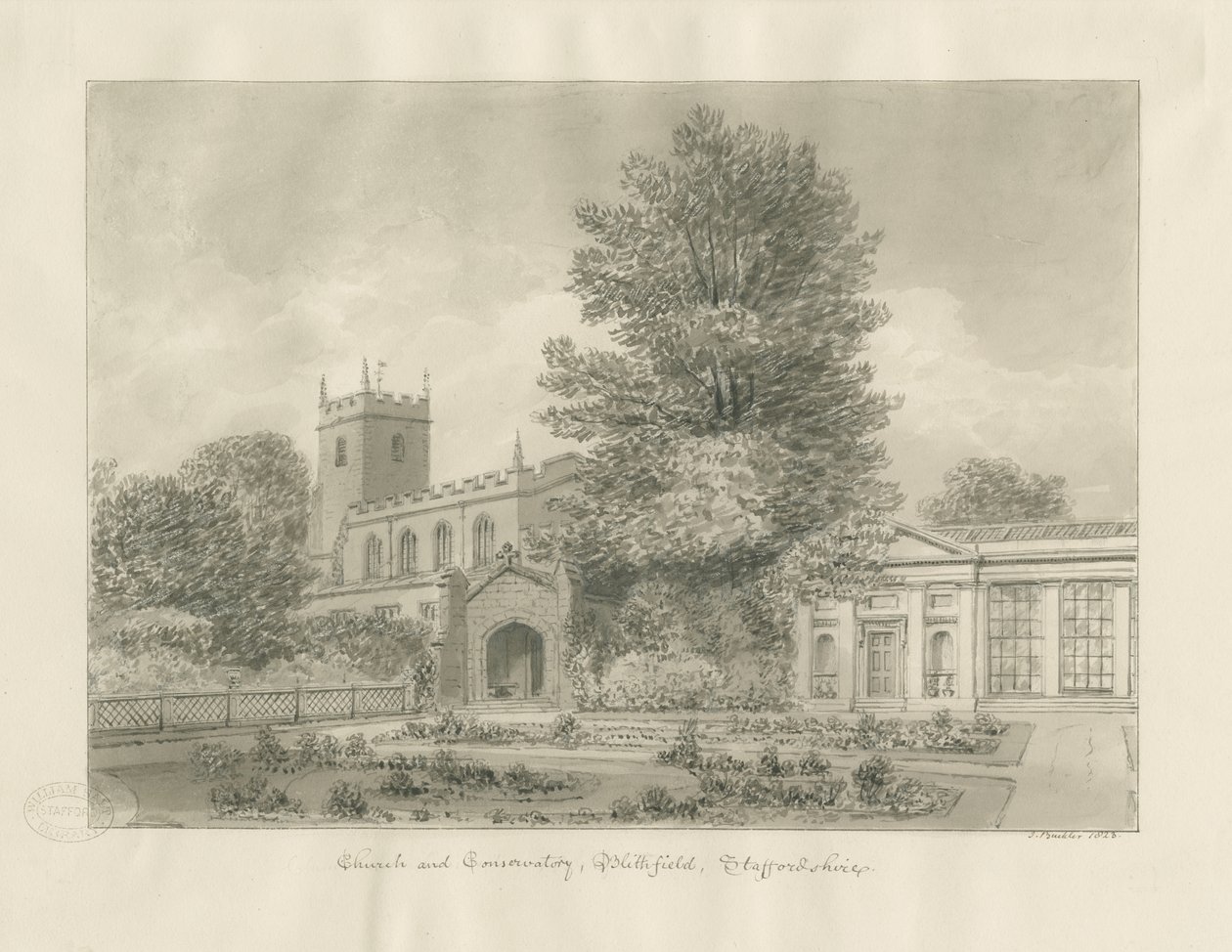 Blithfield Church: sepia tegning af John Buckler