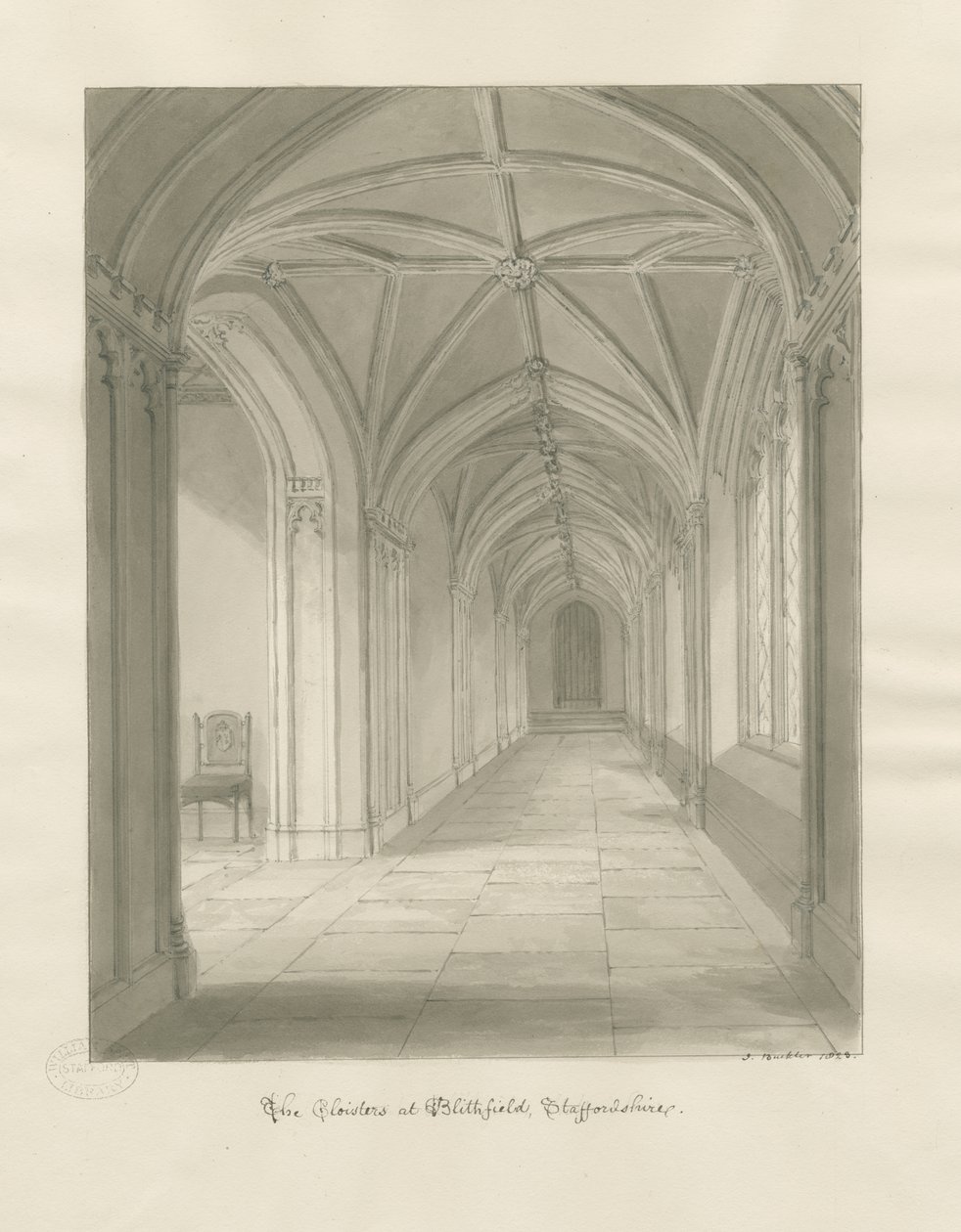 Blithfield Hall - Cloisters: sepia tegning af John Buckler