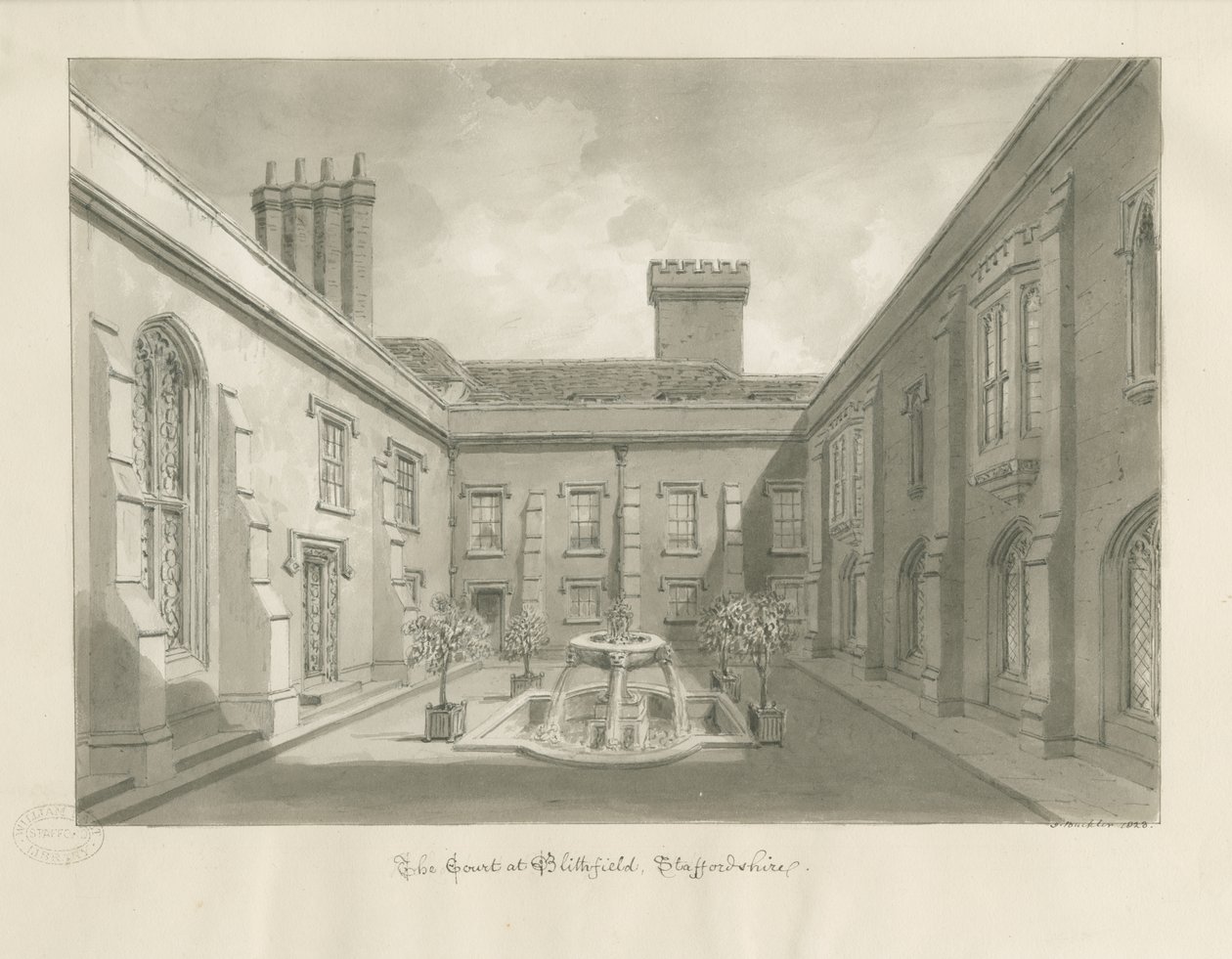 Blithfield Hall - Gårdhave: sepia tegning af John Buckler