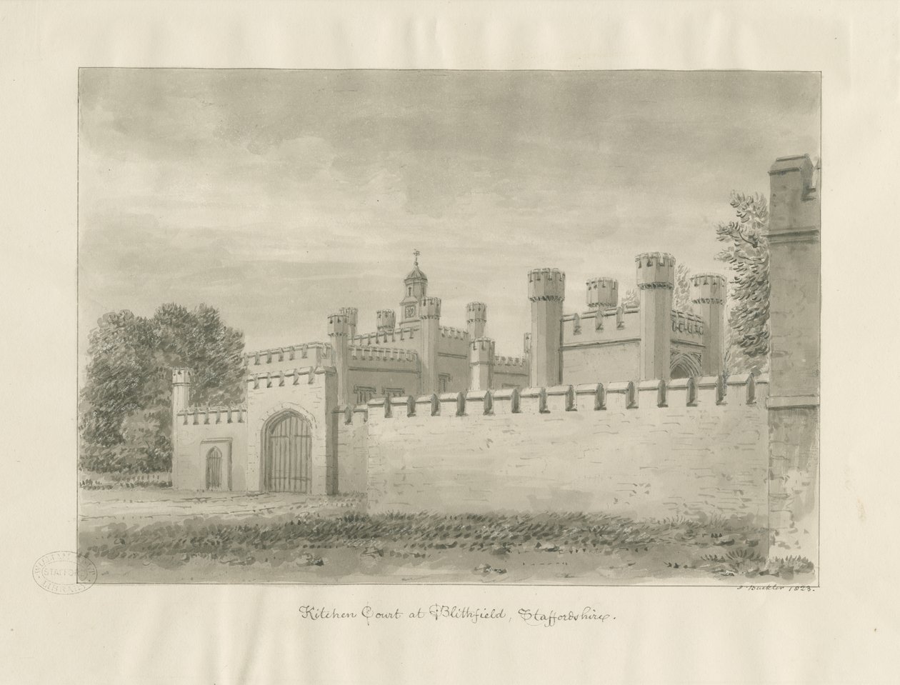 Blithfield Hall - Kitchen Court: sepia tegning af John Buckler