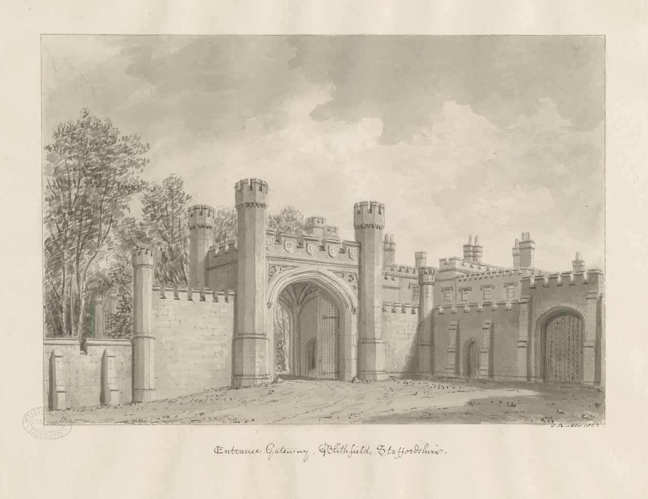 Blithfield Hall: sepia tegning af John Buckler