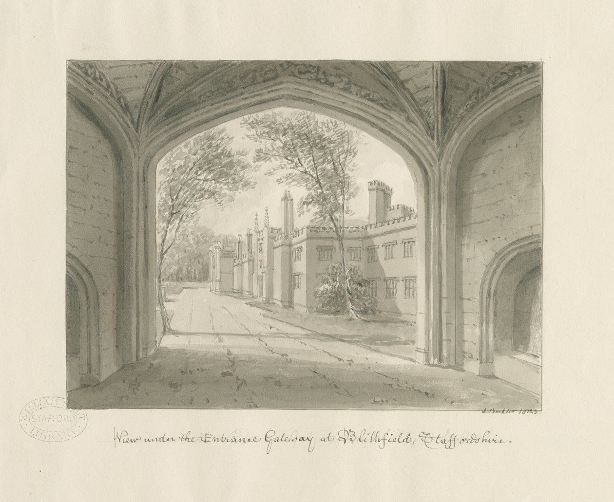 Blithfield Hall: sepia tegning af John Buckler