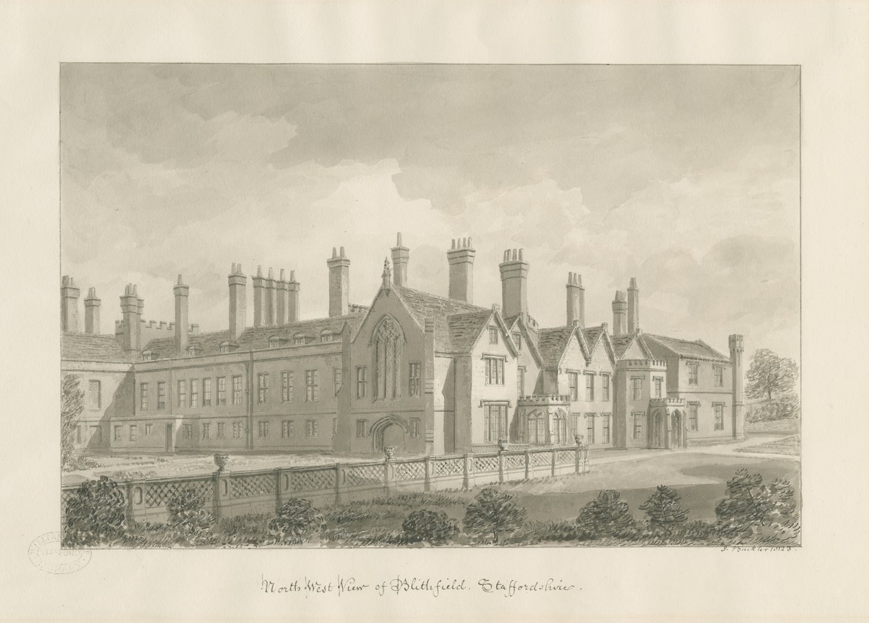 Blithfield Hall: sepia tegning af John Buckler