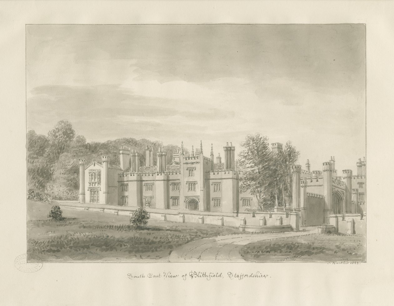 Blithfield Hall: sepia drawing, 1823dani af John Buckler