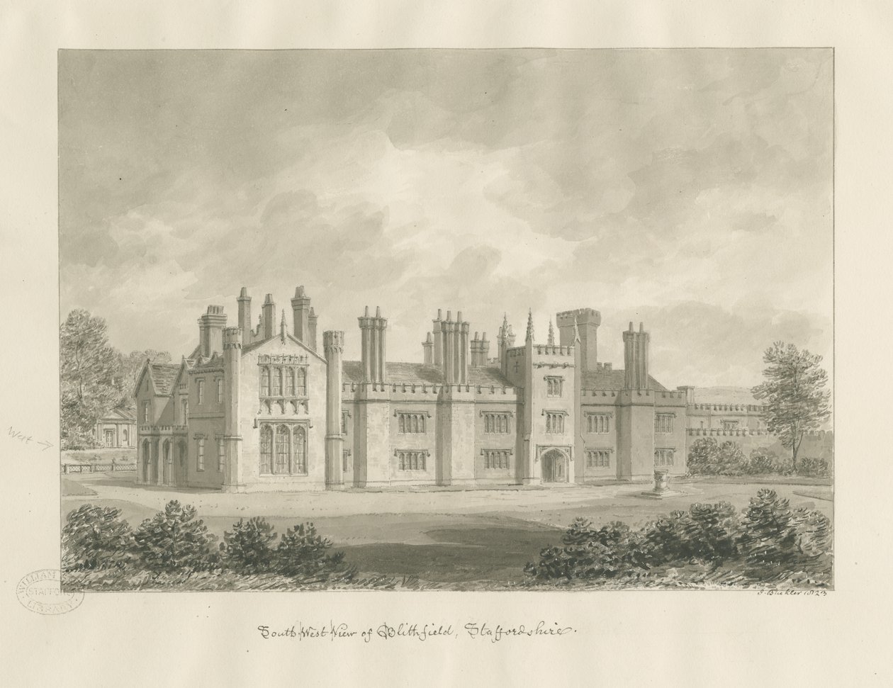 Blithfield Hall: sepia drawing, 1823dani af John Buckler