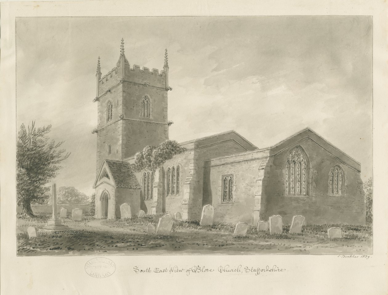 Blore Church: sepia drawing, 1839dani af John Buckler
