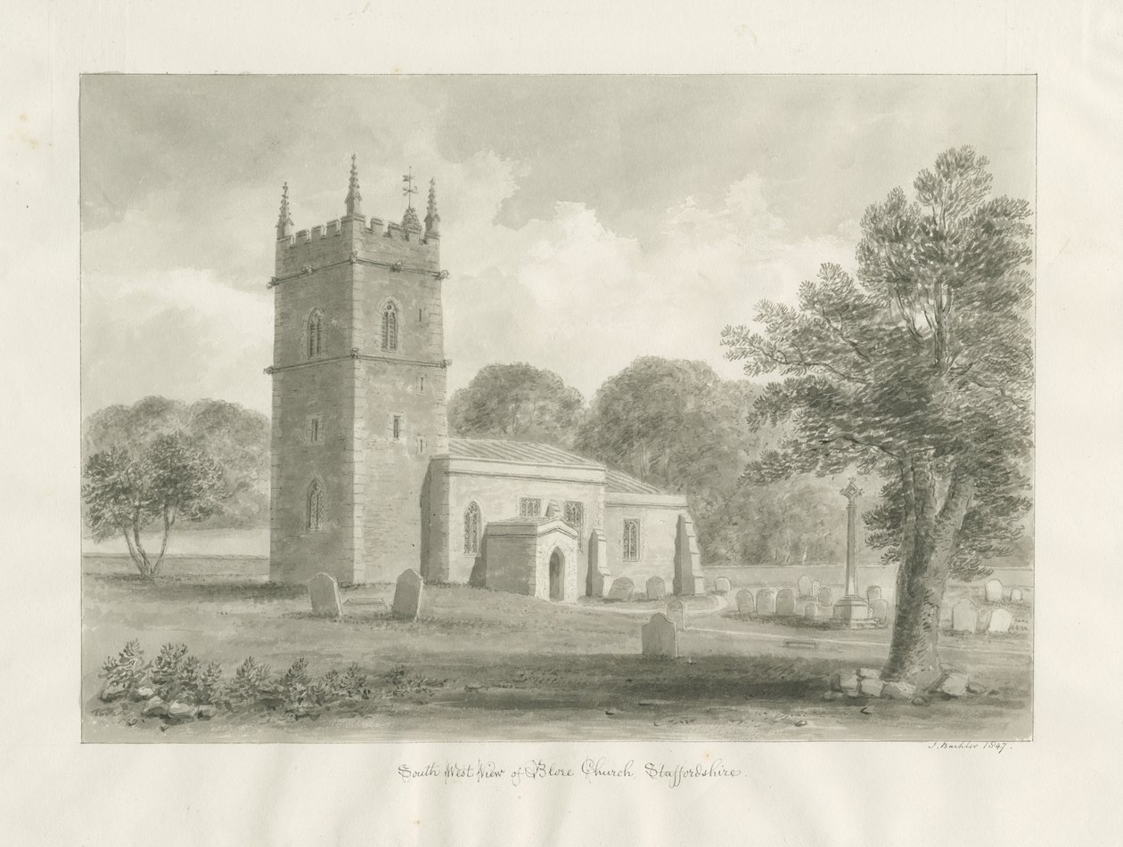 Blore Kirke: sepia tegning, 1847 af John Buckler