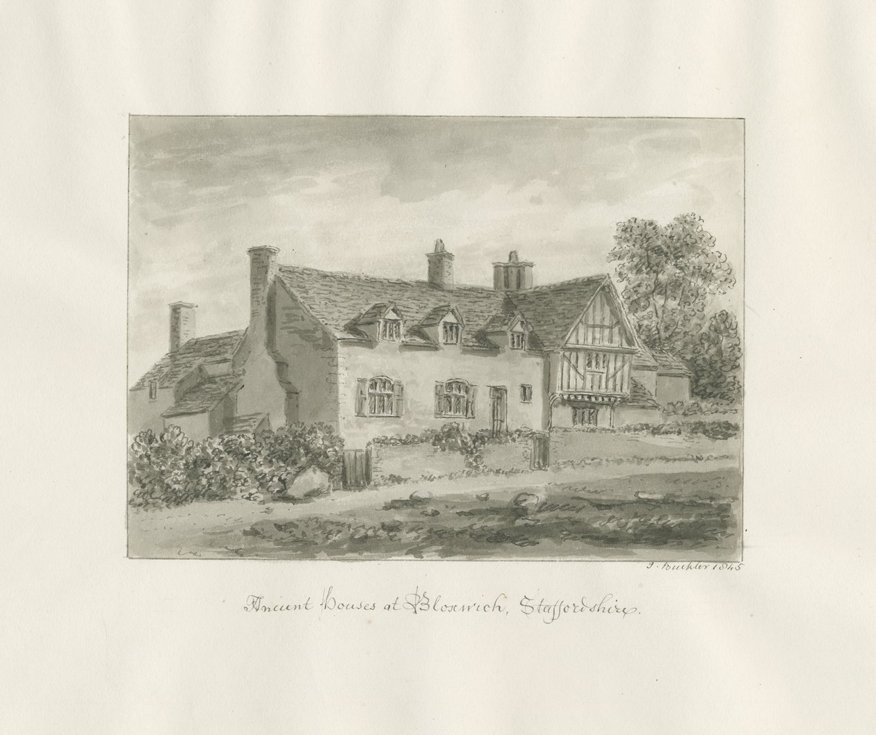 Bloxwich - gammelt hus: sepia tegning af John Buckler