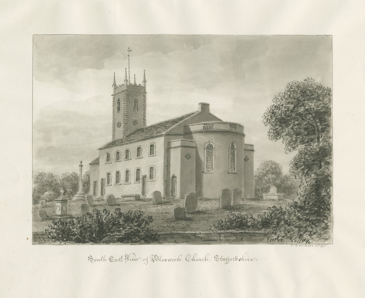 Bloxwich Church: sepia tegning af John Buckler