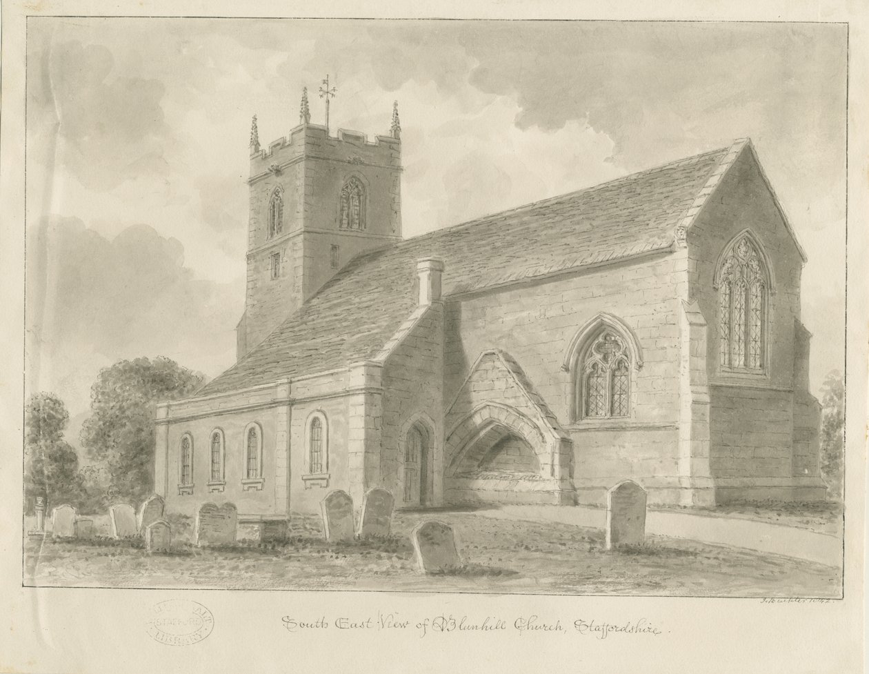 Blymhill Kirke: sepia tegning af John Buckler
