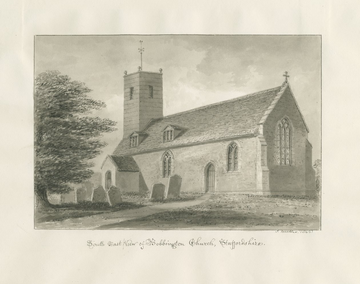 Bobbington Church: sepia tegning af John Buckler