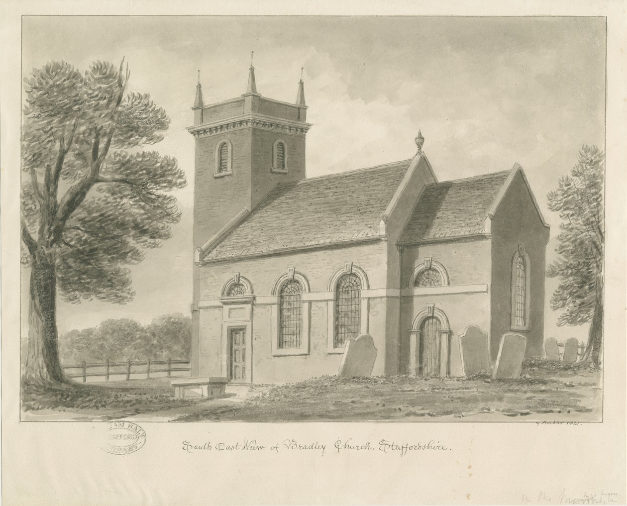 Bradley-in-the-Moors Church: sepia tegning, 1841 af John Buckler