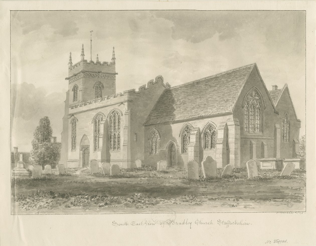 Bradley Church: sepia tegning, 1842 af John Buckler