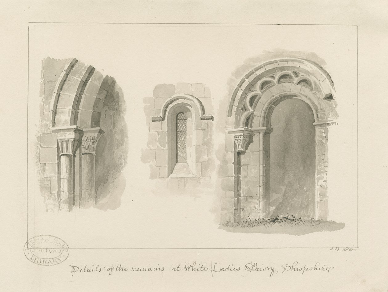 Brewood - Whiteladies Priory (Ruin): sepia tegning af John Buckler