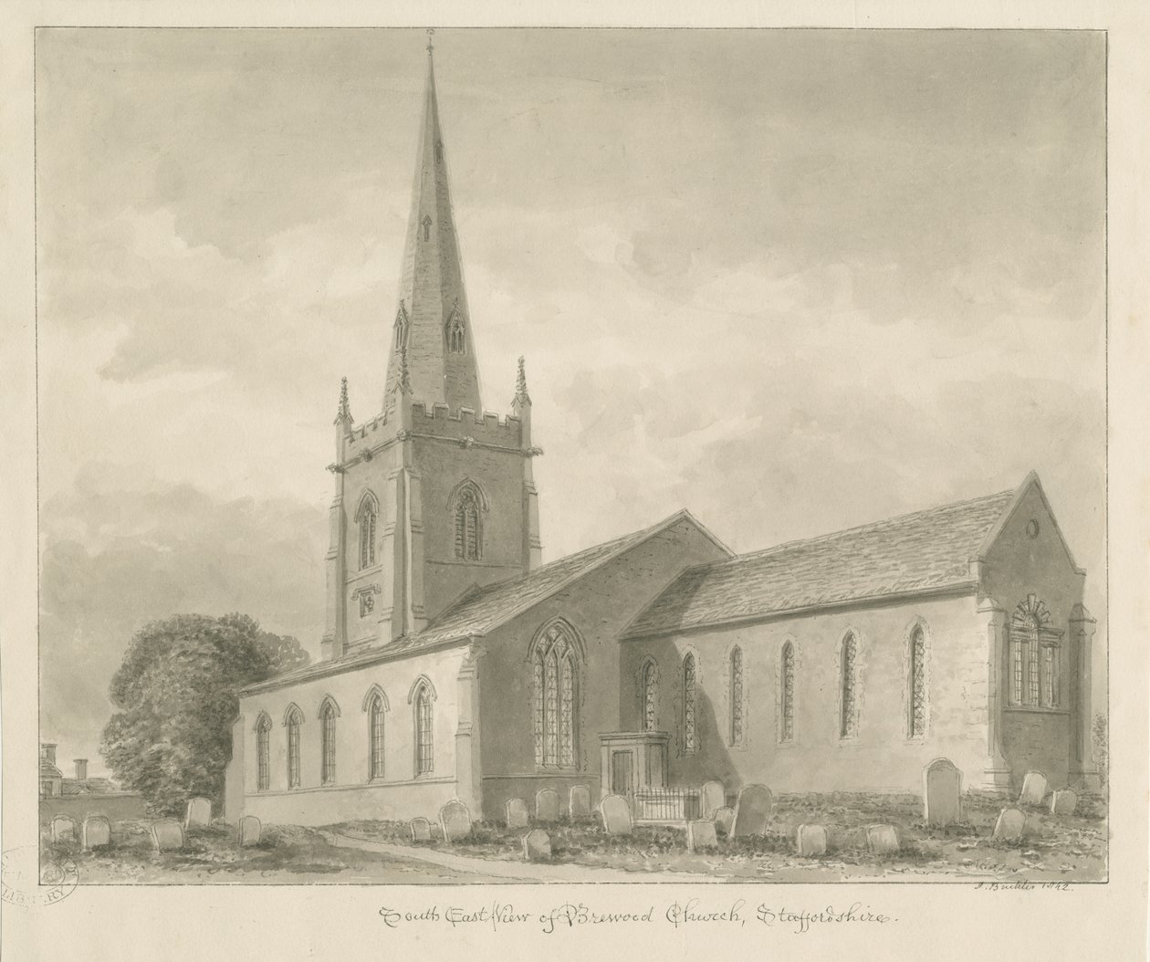 Brewood Church: sepia tegning af John Buckler