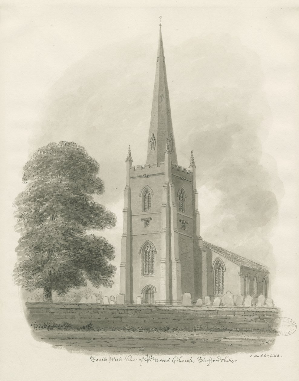 Brewood Church: sepia drawing, 1843dani af John Buckler
