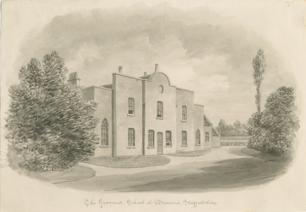 Brewood Grammar School: sepia-tegning, nd [c 1842] (tegning) af John Buckler